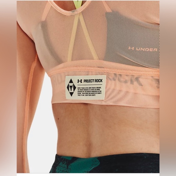 UNDER ARMOUR Project Rock Peach Horizon Black Orange Sheer Mesh crop top size XS - Picture 4 of 10